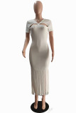 White Sexy Casual Solid Tassel Hollowed Out Backless V Neck Short Sleeve Dress