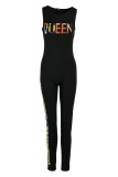 Blue Fashion Casual Letter Print Basic O Neck Skinny Jumpsuits