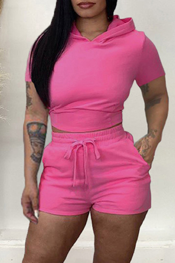 Pink Purple Fashion Casual Solid Bandage Backless Hooded Collar Short Sleeve Two Pieces