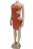 Blue Sexy Solid Hollowed Out Patchwork Oblique Collar Pencil Skirt Dresses