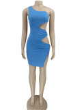 Blue Sexy Solid Hollowed Out Patchwork Oblique Collar Pencil Skirt Dresses