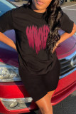 Black Fashion Casual Print Basic O Neck Short Sleeve Two Pieces