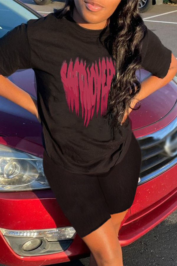 Black Fashion Casual Print Basic O Neck Short Sleeve Two Pieces