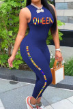 Coffee Fashion Casual Letter Print Basic O Neck Skinny Jumpsuits