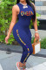 Blue Fashion Casual Letter Print Basic O Neck Skinny Jumpsuits