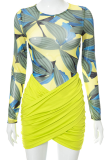 Rose Red Sexy Print Patchwork O Neck Long Sleeve Two Pieces