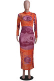 Pink Fashion Sexy Adult Print Patchwork See-through O Neck Long Sleeve Ankle Length Printed Dress Dresses