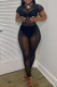 Black Sexy Solid Patchwork See-through O Neck Short Sleeve Two Pieces