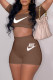 Coffee Fashion Sexy Print Letter Square Collar Short Sleeve Two Pieces