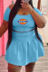 Light Blue Fashion Casual Print Patchwork Off the Shoulder Short Sleeve Two Pieces