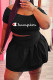 Black Fashion Casual Print Letter Off the Shoulder Short Sleeve Two Pieces