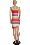 Red Casual Striped Print Patchwork Asymmetrical U Neck Vest Dress Dresses