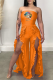 Tangerine Red Sexy Print Split Joint Strapless Boot Cut Jumpsuits