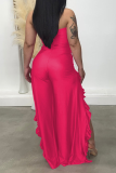 Red Sexy Print Flounce Strapless Boot Cut Jumpsuits