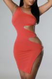Blue Sexy Solid Hollowed Out Patchwork Oblique Collar Pencil Skirt Dresses