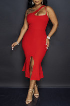 Red Sexy Solid Split Joint Flounce Asymmetrical Collar Dresses