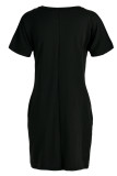 Red Fashion Casual Letter Print Basic V Neck Short Sleeve Dress