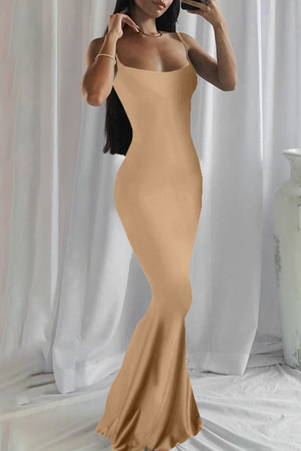 Khaki Fashion Sexy Solid Backless Spaghetti Strap Long Dress