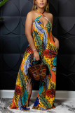 Multicolor Fashion Sexy Floral Backless Halter Loose Jumpsuits