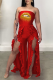 Red Sexy Print Flounce Strapless Boot Cut Jumpsuits