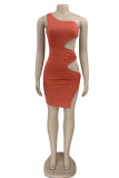 Blue Sexy Solid Hollowed Out Patchwork Oblique Collar Pencil Skirt Dresses