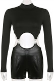 Black Fashion Sexy Solid Hollowed Out Patchwork Turtleneck Skinny Romper