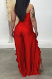 Red Sexy Print Flounce Strapless Boot Cut Jumpsuits