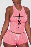 Pink Sexy Sportswear Print Patchwork O Neck Sleeveless Two Pieces