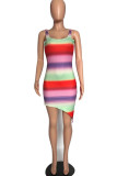 Red Casual Striped Print Patchwork Asymmetrical U Neck Vest Dress Dresses