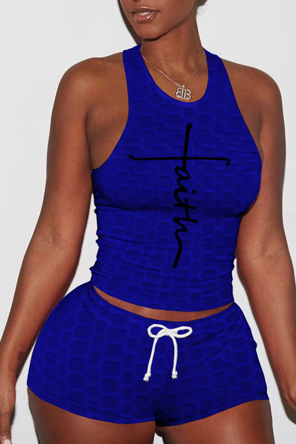 Blue Sexy Sportswear Print Patchwork O Neck Sleeveless Two Pieces