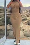 Blue Fashion Sexy Solid Slit Oblique Collar Long Dress