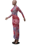 Pink Fashion Sexy Adult Print Patchwork See-through O Neck Long Sleeve Ankle Length Printed Dress Dresses