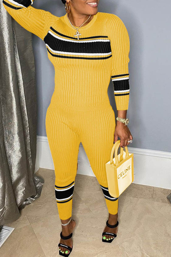 Yellow Fashion Casual Patchwork Basic O Neck Long Sleeve Two Pieces