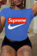 Baby Blue Fashion Sportswear Print Letter O Neck T-Shirts