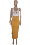 Yellow Sexy Solid Hollowed Out Patchwork Frenulum V Neck One Step Skirt Dresses