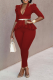 Burgundy Casual Solid Flounce V Neck Long Sleeve Two Pieces without Belt