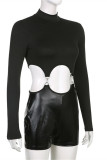 Black Fashion Sexy Solid Hollowed Out Patchwork Turtleneck Skinny Romper