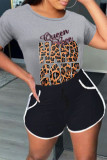 Grey Fashion Casual Print Patchwork O Neck Short Sleeve Two Pieces