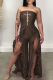 Coffee Sexy Print Flounce Strapless Boot Cut Jumpsuits