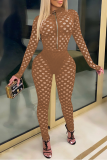 Coffee Sexy Solid See-through Mesh Zipper Collar Skinny Jumpsuits