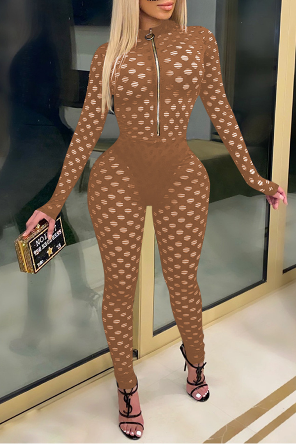Coffee Sexy Solid See-through Mesh Zipper Collar Skinny Jumpsuits