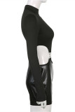 Black Fashion Sexy Solid Hollowed Out Patchwork Turtleneck Skinny Romper