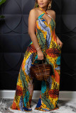 Multicolor Fashion Sexy Floral Backless Halter Loose Jumpsuits