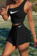 Black Fashion Sportswear Print Patchwork One Shoulder Sleeveless Two Pieces
