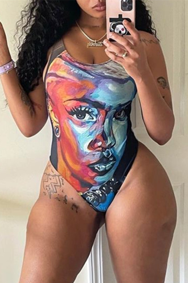 Multicolor Fashion Sexy Print Backless sleeveless Swimwears (Without Paddings)