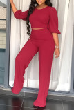 Red Casual Solid Split Joint O Neck Half Sleeve Two Pieces