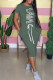 Green Fashion Casual Print Letter O Neck One Step Skirt Dresses