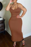 Tangerine Red Fashion Sexy Solid Backless Spaghetti Strap Long Dress