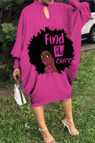 Rose Red Fashion Casual Print Hollowed Out O Neck Long Sleeve Dresses