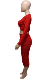 Red Sexy Casual Solid Fold O Neck Long Sleeve Two Pieces